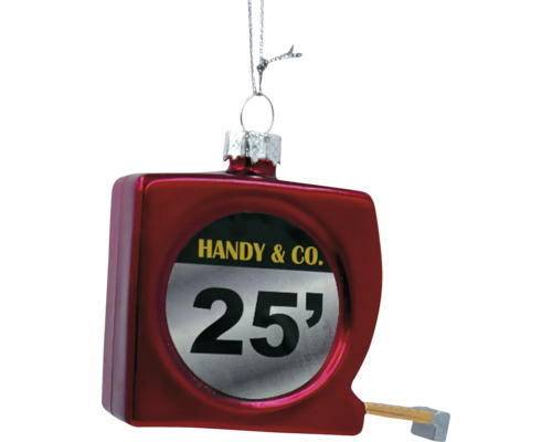 Vianočná ozdoba v tvare zvinovacieho metra s nápisom Handy and Co a číslicou 25.