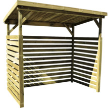 Drevník na palivové drevo z impregnovaného dreva s pultovou strechou a otvorenou prednou stranou na skladovanie dreva v záhrade.