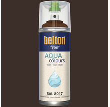 Sprejový lak Belton Free Aqua Colours v čokoládovo hnedej farbe RAL 8017 matný na lakovanie rôznych povrchov.