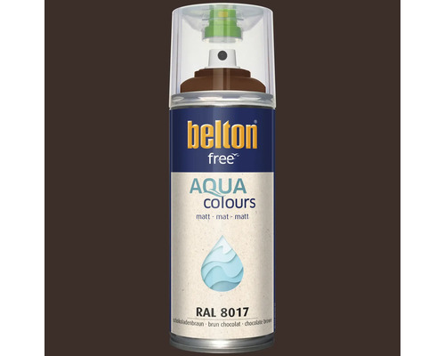 Sprejový lak Belton Free Aqua Colours v čokoládovo hnedej farbe RAL 8017 matný na lakovanie rôznych povrchov.