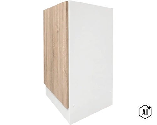 Samostatná kuchynská skrinka s čelom a bočným panelom v dekore dreva (Image AI modified or generated)