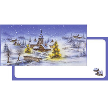 Vianočná pohľadnica s ilustráciou zasneženej dediny, kostola a osvetleného vianočného stromčeka počas sneženia.