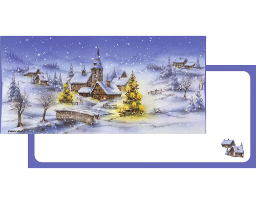 Vianočná pohľadnica s ilustráciou zasneženej dediny, kostola a osvetleného vianočného stromčeka počas sneženia.