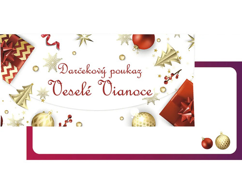 Vianočný darčekový poukaz s motívmi vianočných darčekov, ozdobných gulí a hviezd na bielom podklade.