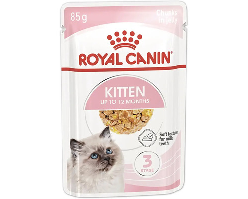 Royal Canin Kitten mokré krmivo pre mačiatka do dvanástich mesiacov v 85 gramovej kapsičke s kúskami v želé.