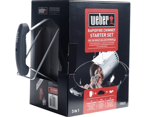 Sada Weber Rapidfire so zapalovacím komínom, dvoma kilogramami brikiet a tromi podpaľovačmi v predajnom balení.