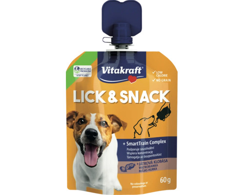 Maškrta pre psov Vitakraft Lick and Snack s príchuťou pečeňovej klobásy v kapsičke s hmotnosťou 60 gramov.