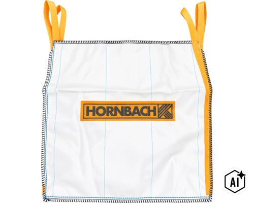 Biely vak typu big bag značky Hornbach so stabilnými nosnými popruhmi na prepravu sypkých materiálov a odpadu. (Image AI modified or generated)