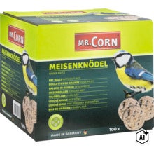 Karton so 100 lojovými guľami bez sieťky Mr. Corn ako krmivo pre vtáky na všetky ročné obdobia (Image AI modified or generated)