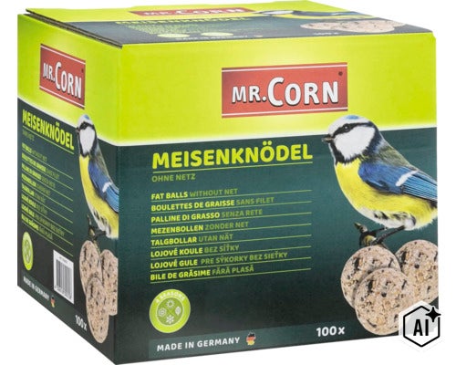 Karton so 100 lojovými guľami bez sieťky Mr. Corn ako krmivo pre vtáky na všetky ročné obdobia (Image AI modified or generated)