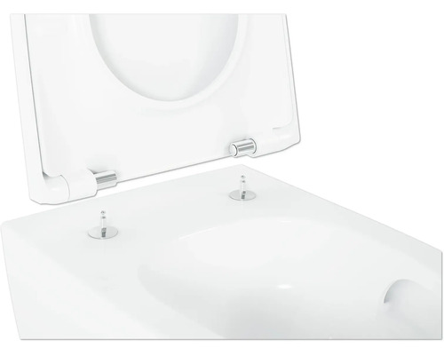 Závesné WC so sedadlom a poklopom, vyrobené z keramiky a plastu, s kovovými pántmi.