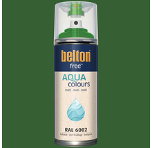 Sprejový lak Belton free Aqua Colours v listovo zelenej farbe RAL 6002 s matným povrchom.