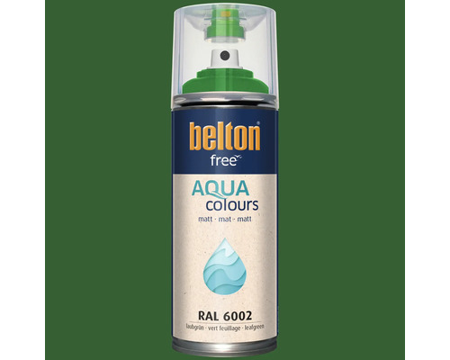 Sprejový lak Belton free Aqua Colours v listovo zelenej farbe RAL 6002 s matným povrchom.