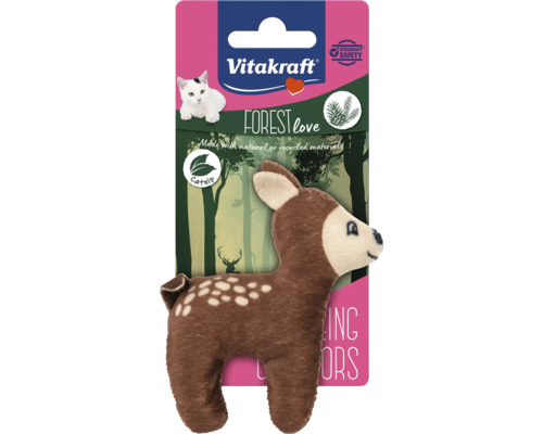 Hračka pre mačky Vitakraft Forest Love v tvare srnky vyrobená z prírodných alebo recyklovaných materiálov s výplňou z kocúrnika obyčajného.