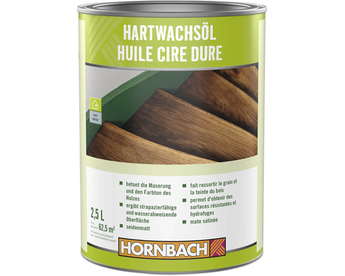 Plechovka tvrdého voskového oleja Hornbach pre vnútorné použitie, hodvábne matný, chráni a zdôrazňuje kresbu dreva, balenie 2,5 litra.
