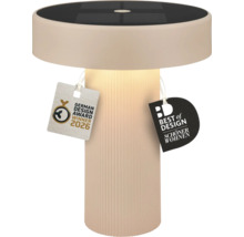 Moderná solárna LED stolná lampa s rebrovaným stĺpikom a solárnym panelom na hornej strane, ocenená za dizajn.