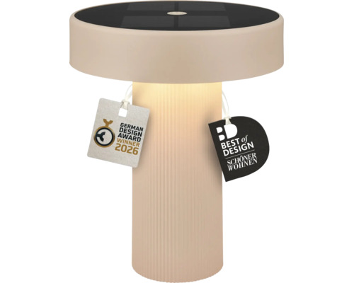 Moderná solárna LED stolná lampa s rebrovaným stĺpikom a solárnym panelom na hornej strane, ocenená za dizajn.