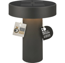 Moderná LED solárna stolná lampa s rebrovanou základňou a solárnym panelom na hornej strane, vrátane ocenenia German Design Award 2026.