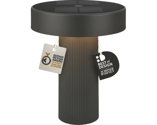 Moderná LED solárna stolná lampa s rebrovanou základňou a solárnym panelom na hornej strane, vrátane ocenenia German Design Award 2026.