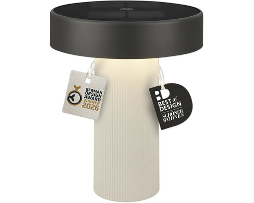 Moderná solárna stolová LED lampa s rebrovaným podstavcom a oceneniami German Design Award Winner 2026 a Best of Design Schöner Wohnen
