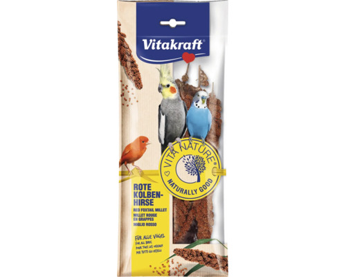 Vitakraft červené klasy prosa pre všetky druhy vtáctva v plastovom obale s vyobrazením rôznych okrasných vtákov.
