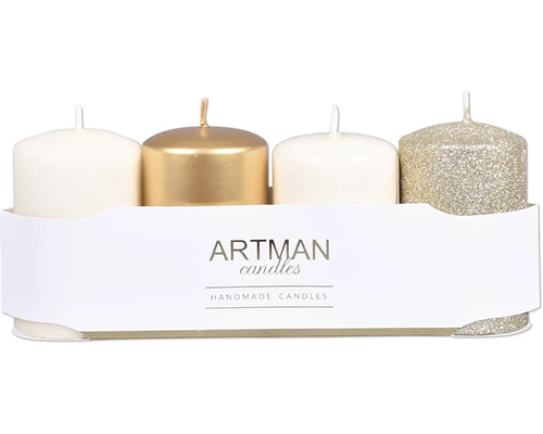 Sada štyroch stĺpových sviečok Artman Candles balených v papierovom pásiku