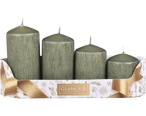 Sada štyroch stĺpových sviečok so štruktúrovaným povrchom v darčekovom balení s logom Glamour Luxury Candles