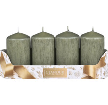 Štyri rustikálne valcové sviečky so štruktúrovaným povrchom v ozdobnom darčekovom balení s logom Glamour Luxury Candles.