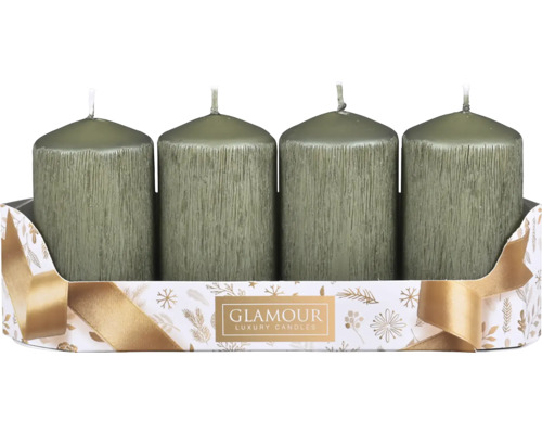 Štyri rustikálne valcové sviečky so štruktúrovaným povrchom v ozdobnom darčekovom balení s logom Glamour Luxury Candles.