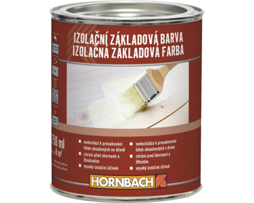 Izolačná základná farba na drevo HORNBACH v plechovke s objemom 750 mililitrov na prevenciu škvŕn a žltnutia.