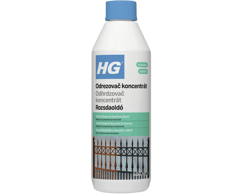 HG odhrdzovač koncentrát 500 mililitrov fľaša na odstránenie hrdze bez brúsenia z kovových povrchov na vonkajšie použitie.