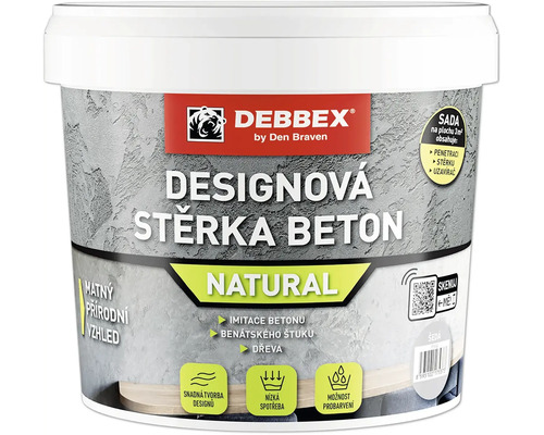 Vedro s dizajnovou stierkou na betón Debbex Natural pre úpravu stien vrátane penetrácie a uzavierača