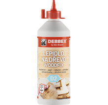 Lepidlo na drevo Debbex Woodfix D2 v dávkovacej fľaši pre interiér vhodné na papier nábytok preglejku hračky a drevené modely