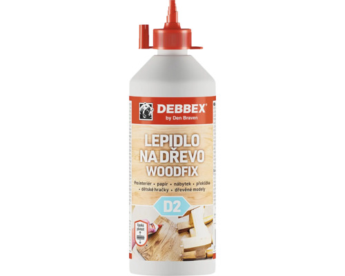 Lepidlo na drevo Debbex Woodfix D2 v dávkovacej fľaši pre interiér vhodné na papier nábytok preglejku hračky a drevené modely