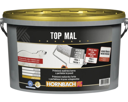 Vedro s maliarskou farbou Hornbach Top Mal pre vnutorne natery s vysokou krycou schopnostou.