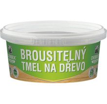 Plastová nádoba s brúsiteľným tmelom na drevo na opravu drevených povrchov.