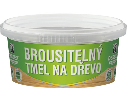 Plastová nádoba s brúsiteľným tmelom na drevo na opravu drevených povrchov.