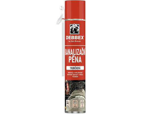 Debbex kanalizačná pena v spreji s aplikačnou trubičkou na montáž odpadových šácht a potrubí.