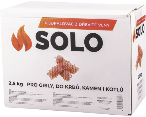 Karton s 2,5 kilogramy podpalovače z dřevité vlny SOLO pre grily, krby, kamna a kotle.