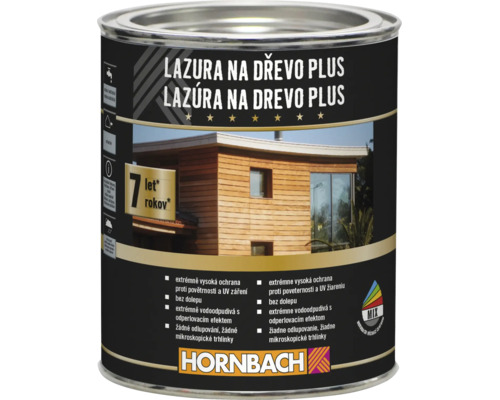 Plechovka Lazúra na drevo Plus pre vonkajšie použitie so sedemročnou ochranou proti poveternostným vplyvom a UV žiareniu s logom Hornbach