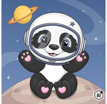 Kreslená ilustrácia pandy ako astronauta vo vesmíre s helmou na mesiaci. (Image AI modified or generated)