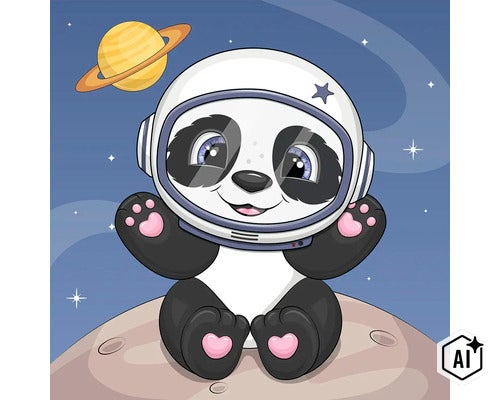 Kreslená ilustrácia pandy ako astronauta vo vesmíre s helmou na mesiaci. (Image AI modified or generated)