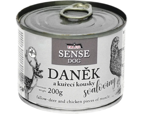 Konzerva Falco Sense Dog daniel a kuracie kúsky svaloviny, 200 gramov.