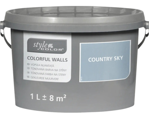 Jeden liter tónovanej farby na steny Style Color vo vedre v odtieni Country Sky pre približne osem metrov štvorcových.