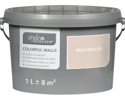 Tónovaná farba na steny Style Color Colorful Walls v odtieni Mushroom, balenie 1 liter pre približne 8 metrov štvorcových.