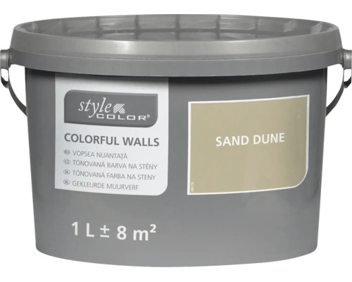 Vedro tónovanej farby na steny Style Color Colorful Walls v odtieni Sand Dune s obsahom jedného litra pre zhruba osem metrov štvorcových plochy