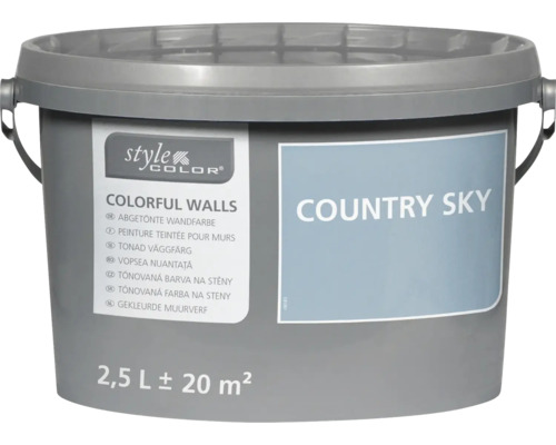Vedro farby na steny StyleColor Colorful Walls v odtieni Country Sky s objemom 2,5 litra pre približne 20 metrov štvorcových plochy.