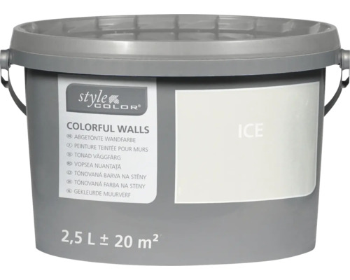 Vedro farby na steny StyleColor Colorful Walls v odtieni Ice s obsahom 2,5 litra pre približne 20 metrov štvorcových plochy.