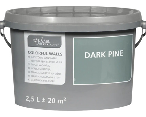 Vedro farby na steny StyleColor v odtieni Dark Pine s objemom 2,5 litra pre plochu približne 20 metrov štvorcových.