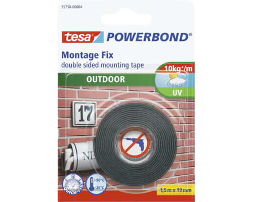 Montážna páska Tesa Powerbond na vonkajšie použitie, obojstranná lepiaca páska odolná proti poveternostným vplyvom, 1,5 metra krát 19 milimetrov.